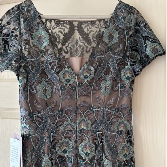 JS Collections brocade illusion over taupe satin gown. Lavender, aqua, teal. - Picture 7 of 13